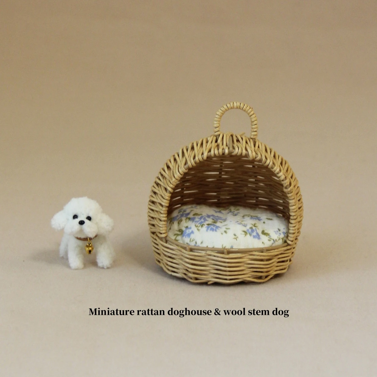 Miniature Accessories Rattan Doghouse with Woolstem Puppy