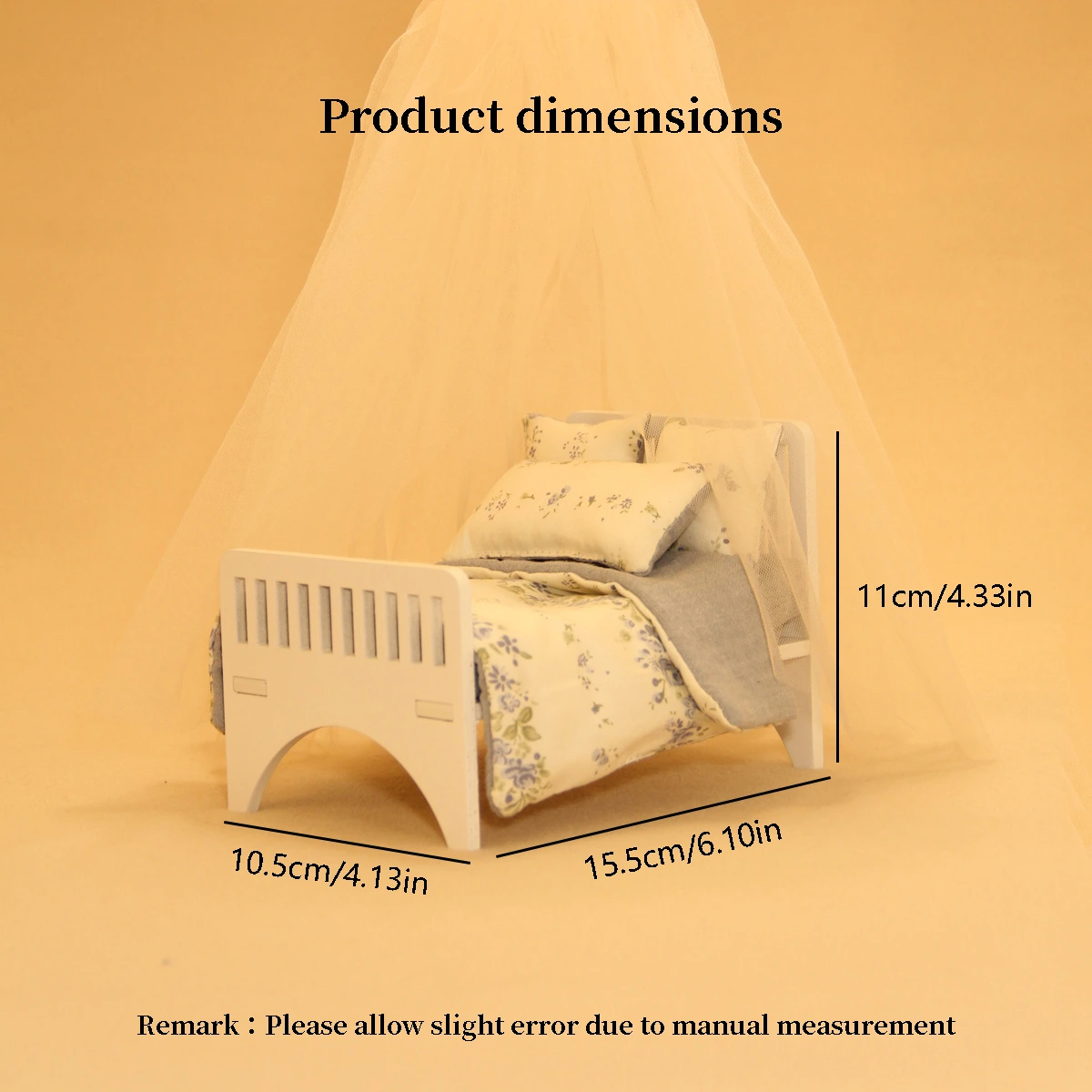 Miniature wooden bed with fabric bedings 