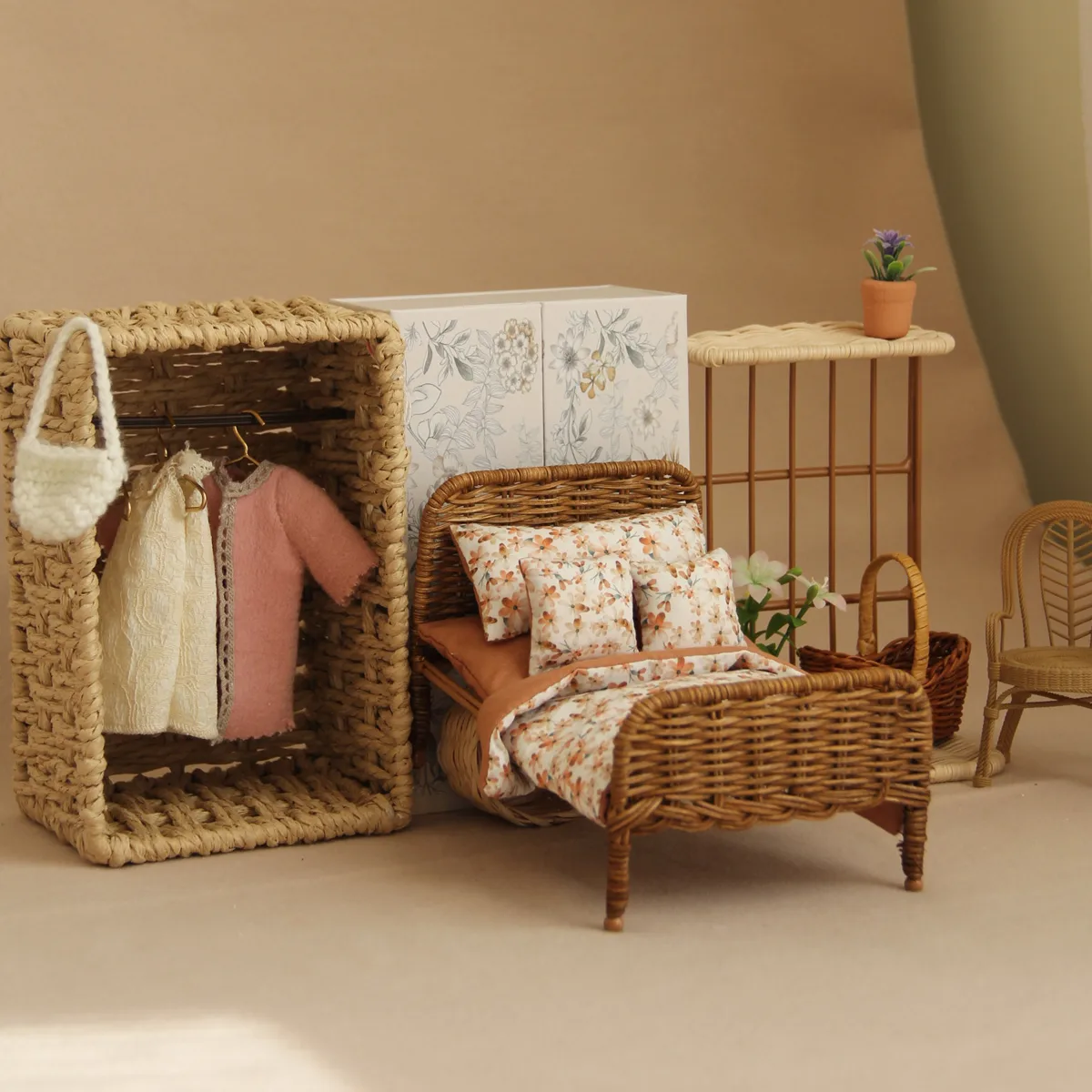 miniature rattan bed with fabric beding
