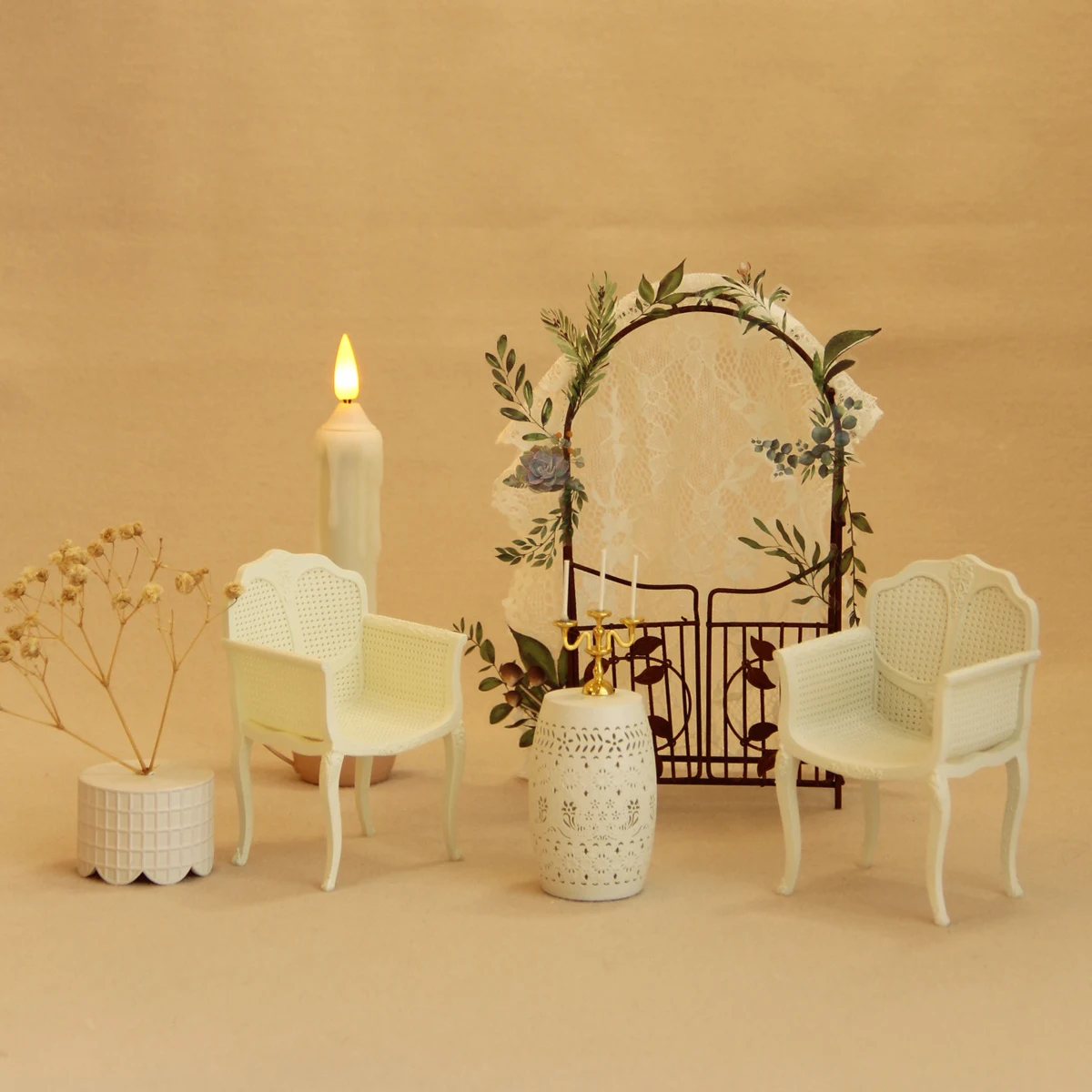 tiny resin chair with miniature dining table