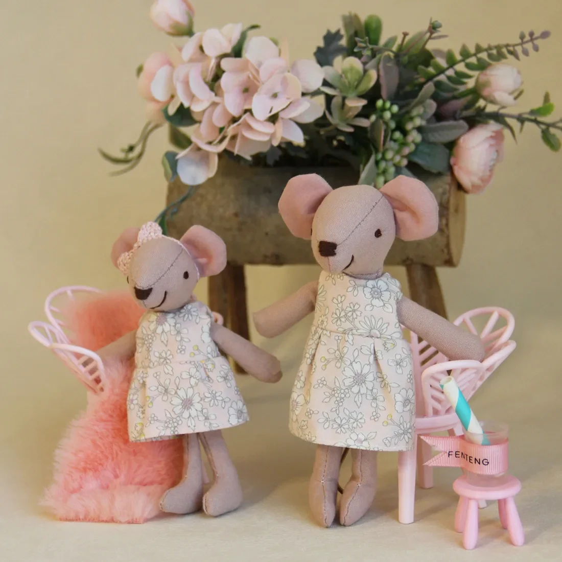 Doll Handmade Mouse in a Box Toy With Floral Dress