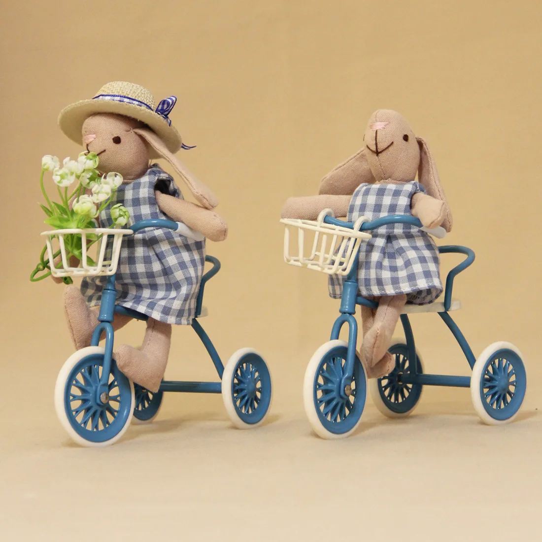 Handmade Cloth Bunny Dollhouse Mice With Plaid Skirt